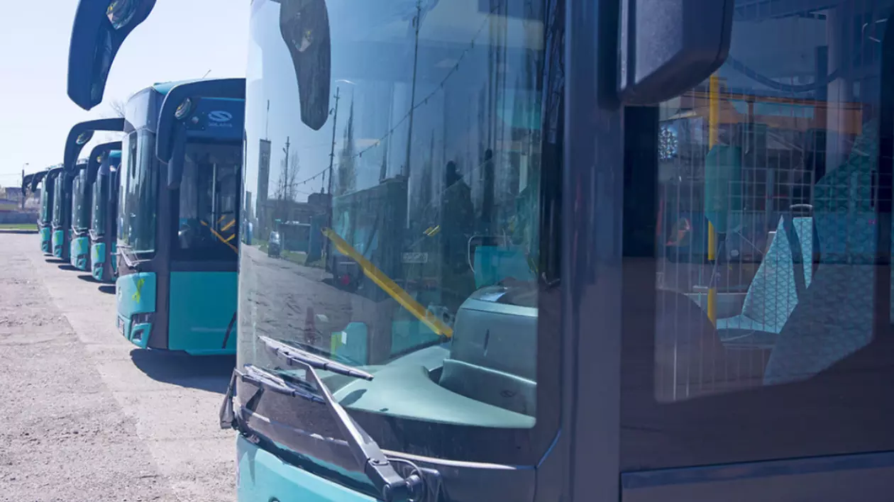 În imagine sunt ilustrate mai multe autobuze de culoare turcoaz