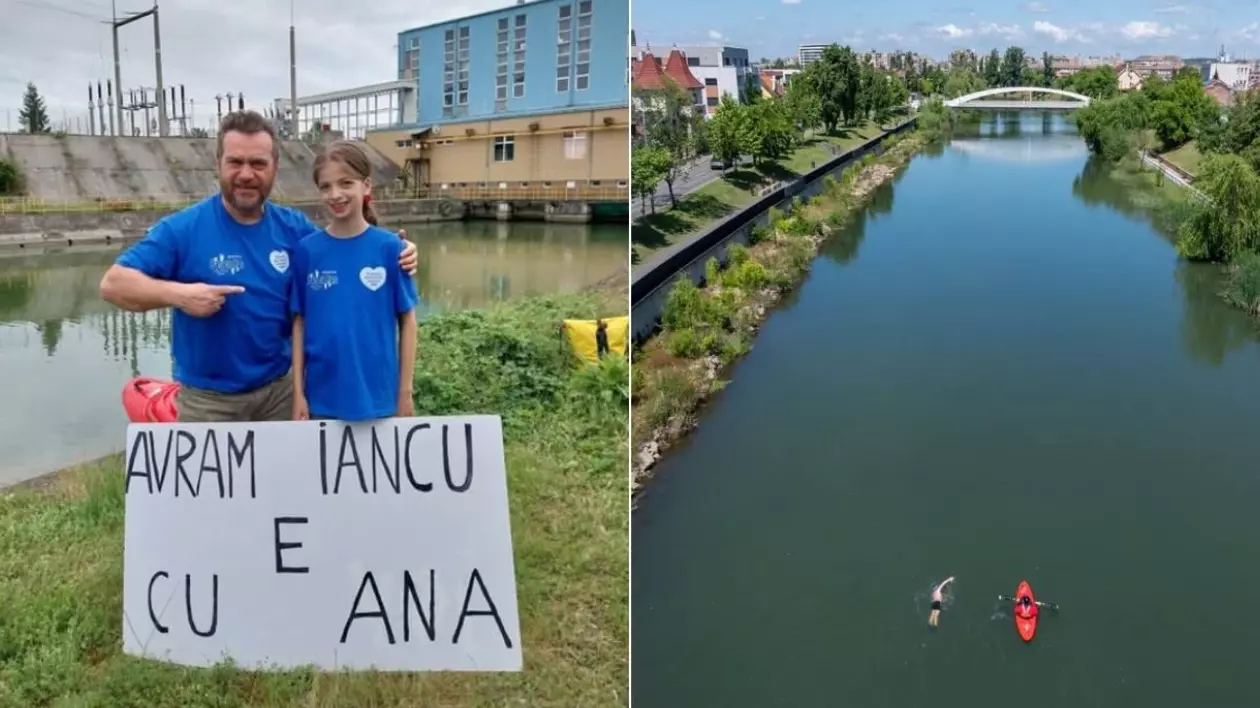 Colaj, în stânga un bărbat alături de o tânără copilă ținând un banner pe care scrie Avram Iancu e cu Ana, iar în dreapta o fotografie aeriană cu un bărbat care înoată într-un râu, alături de el un caiac rosu, în stânga și dreapta se văd pomi și un oraș