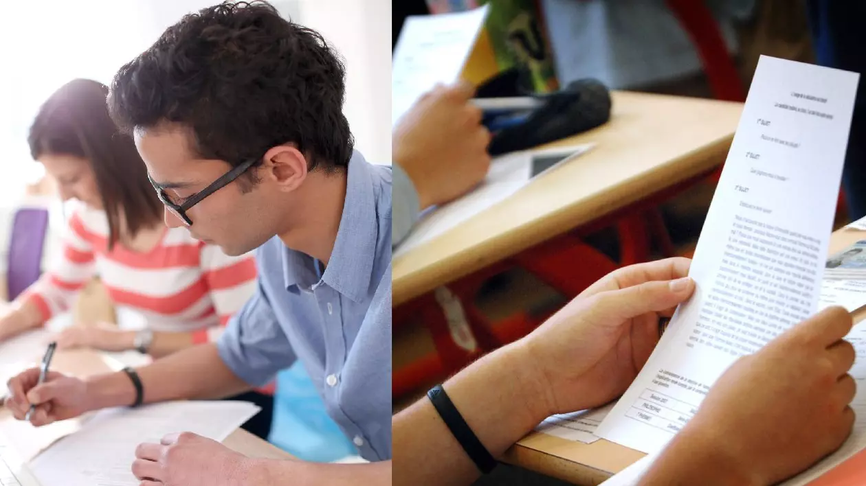 Elev care completează un formular de cerere/ niste maini care tin o foaie cu subiecte, examen