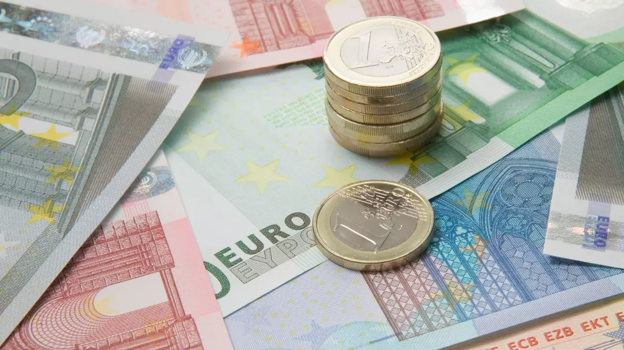 În imagine sunt ilustrate mai multe bancnote și monede euro