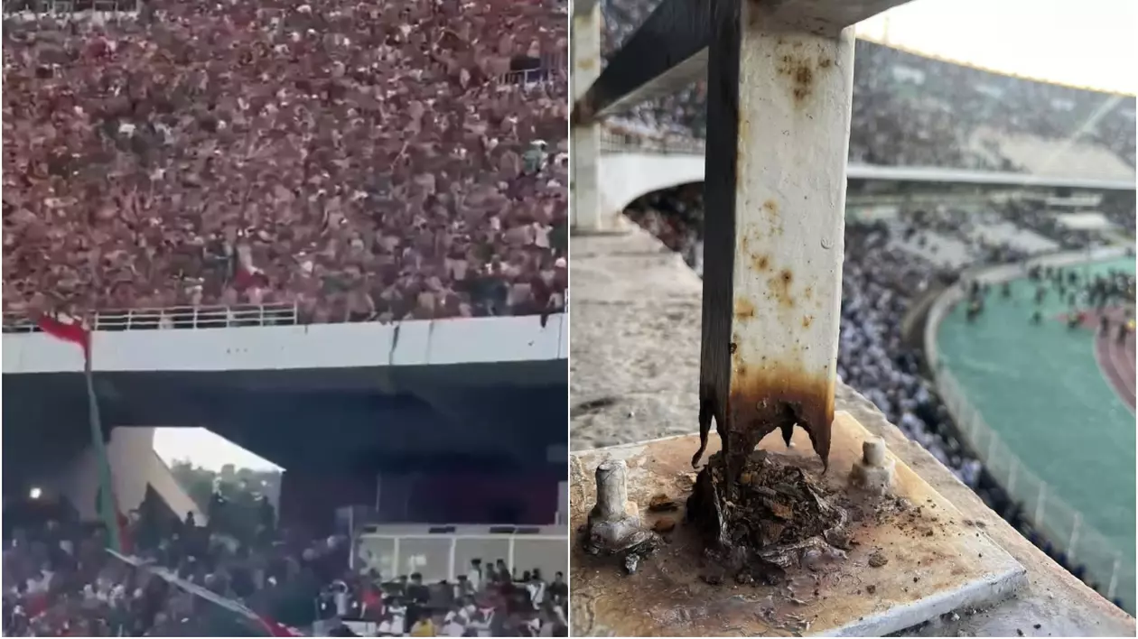 Colaj cu o bariera rupta pe stadionul % iulie din Algeria, in stanga se vede o multime de oameni in tribune dupa ce bariera s-a rupt, in dreapta imagine cu un stalp metalic, rupt si ruginit, al barierei care a cedat. Iunie 2025