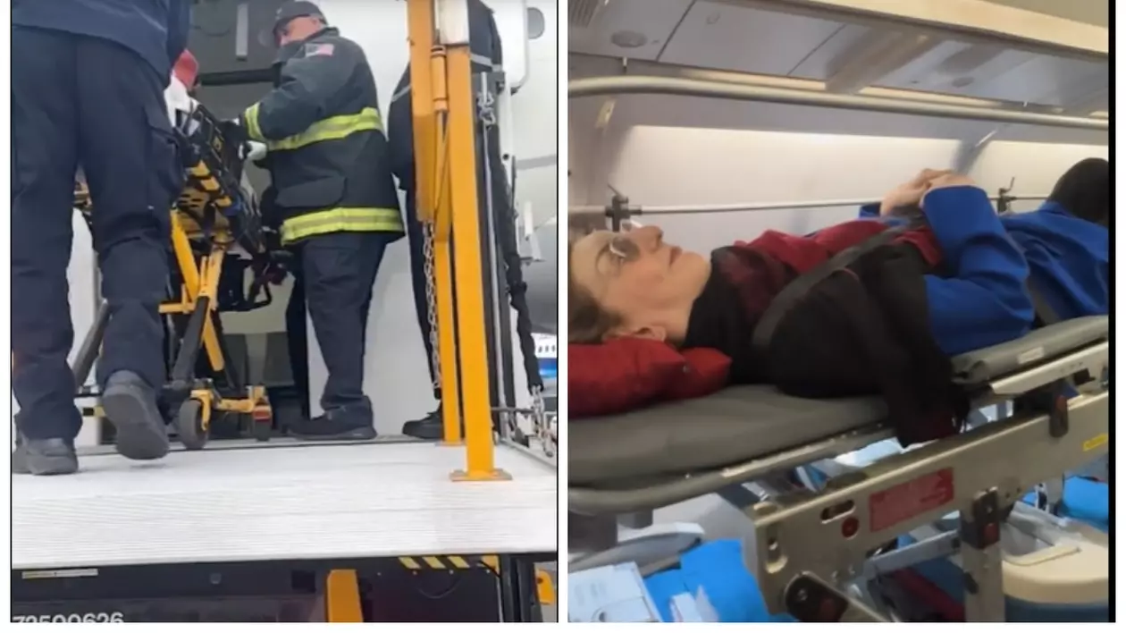 Imaginea arată cum cea mai înaltă femeie din lume este urcată într-un avion cu ajutorul unei tărgi speciale. În cabina avionului, ea este întinsă pe targă pe parcursul zborului.