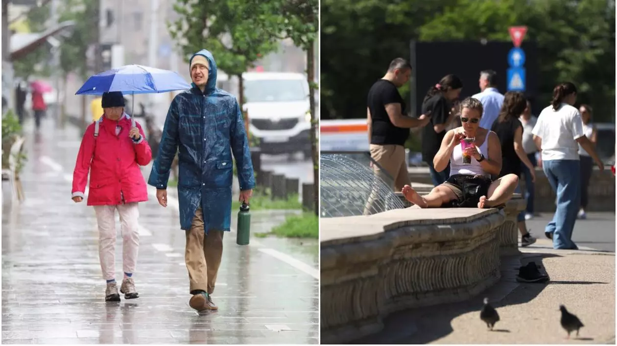 Un colaj foto: în prima imagine este o zi ploioasă, se vede un bărbat cu pelerină de ploaie, iar în spatele lui este o femeie cu geacă roșie și umbrelă. În imaginea din dreapta, este o femeie în pantaloni scurți care stă pe marginea unei fântâni arteziene, iar în spatele ei alți oameni cu tricouri care trec pe acolo, fiind o zi caldă de vară