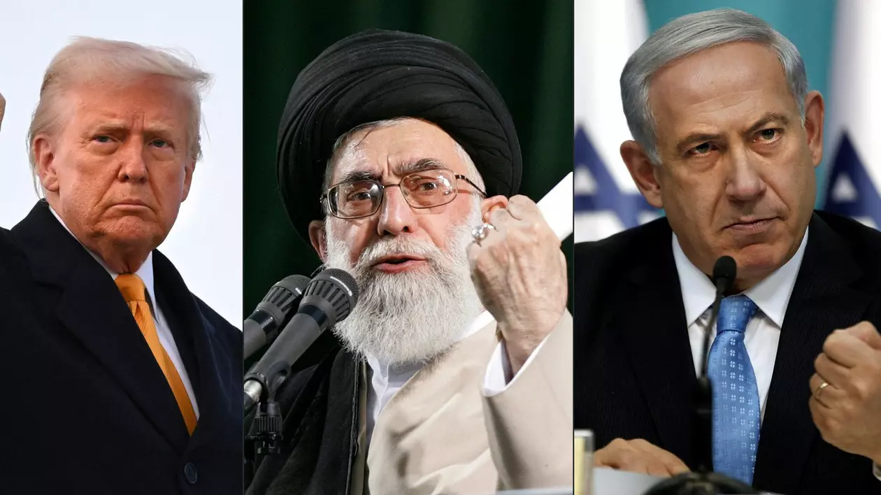 Colaj cu Donald Trump (stânga), ayatollahul suprem Ali Khamenei (centru) și Benjamin Netanyahu. Cu toții au pumnii strânși, un indiciu al tensiunilor din Orientul Mijlociu Foto: Profimedia