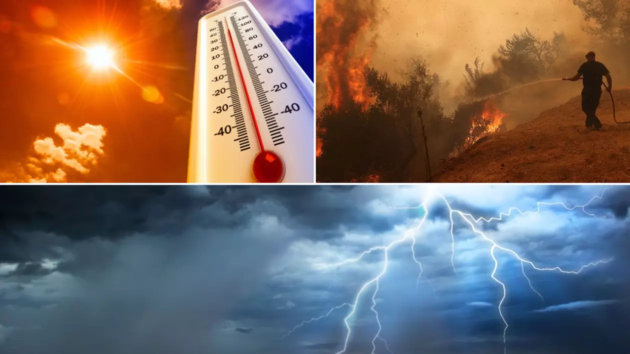 colaj de poze cu temperaturi ridicate, incendii și furtuni extreme