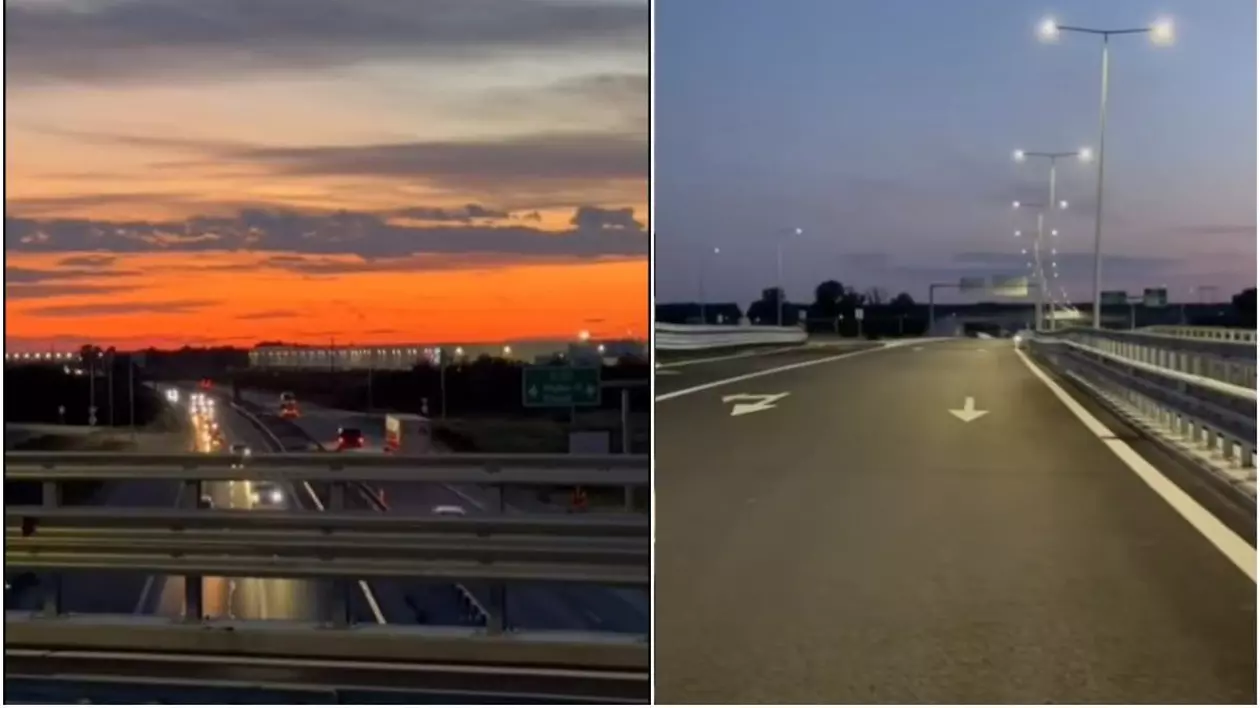 Lotul 3 sud din Autostrada Bucureștiului A0, văzut dimineața în zori la răsăritul soarelui și seara, cu două săptămâni înainte de inaugurare