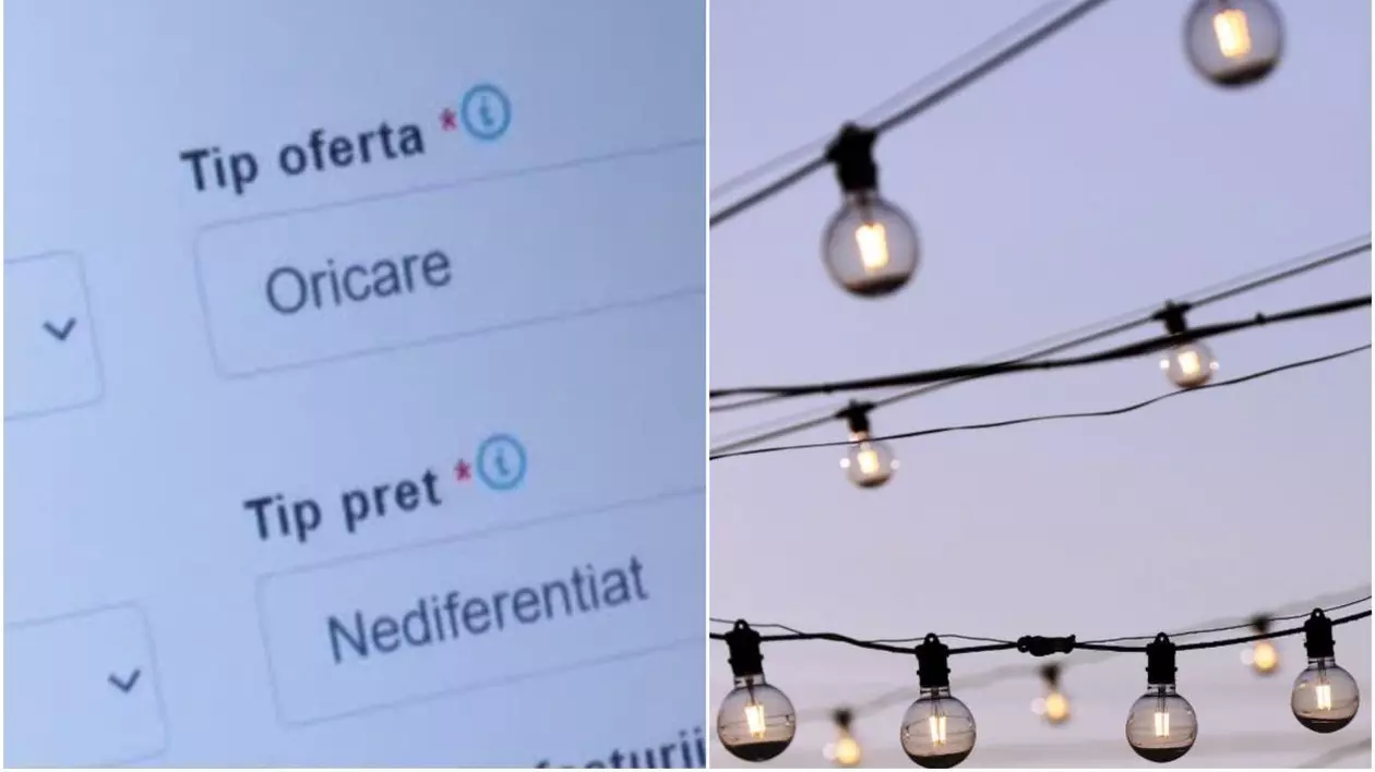 Un colaj foto, unde în stânga apare o captură de la pe site-ul ANRE, despre cum să schimbi furnizorul de energie, iar în dreapta sunt mai multe becuri aprinse
