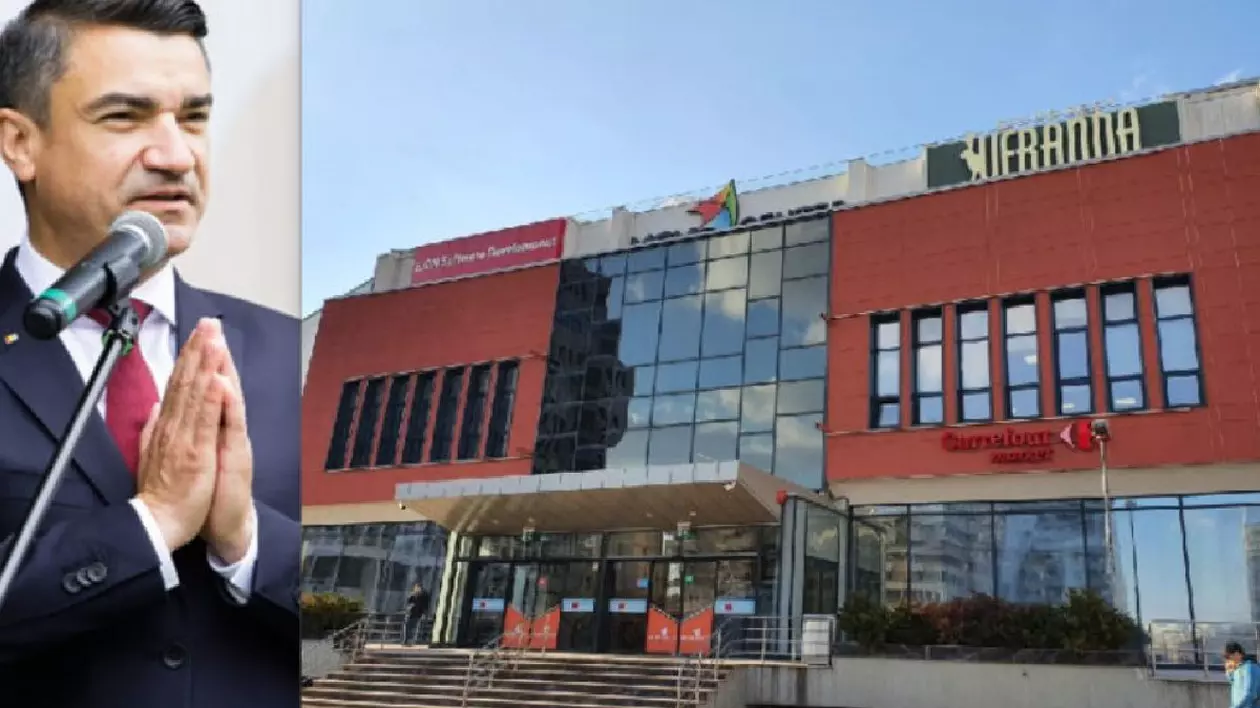 coloaj foto cu mihai chirica, primarul iasului, si mall-ul iesean veranda, o cladire moderna cu caramida rosie si sticla