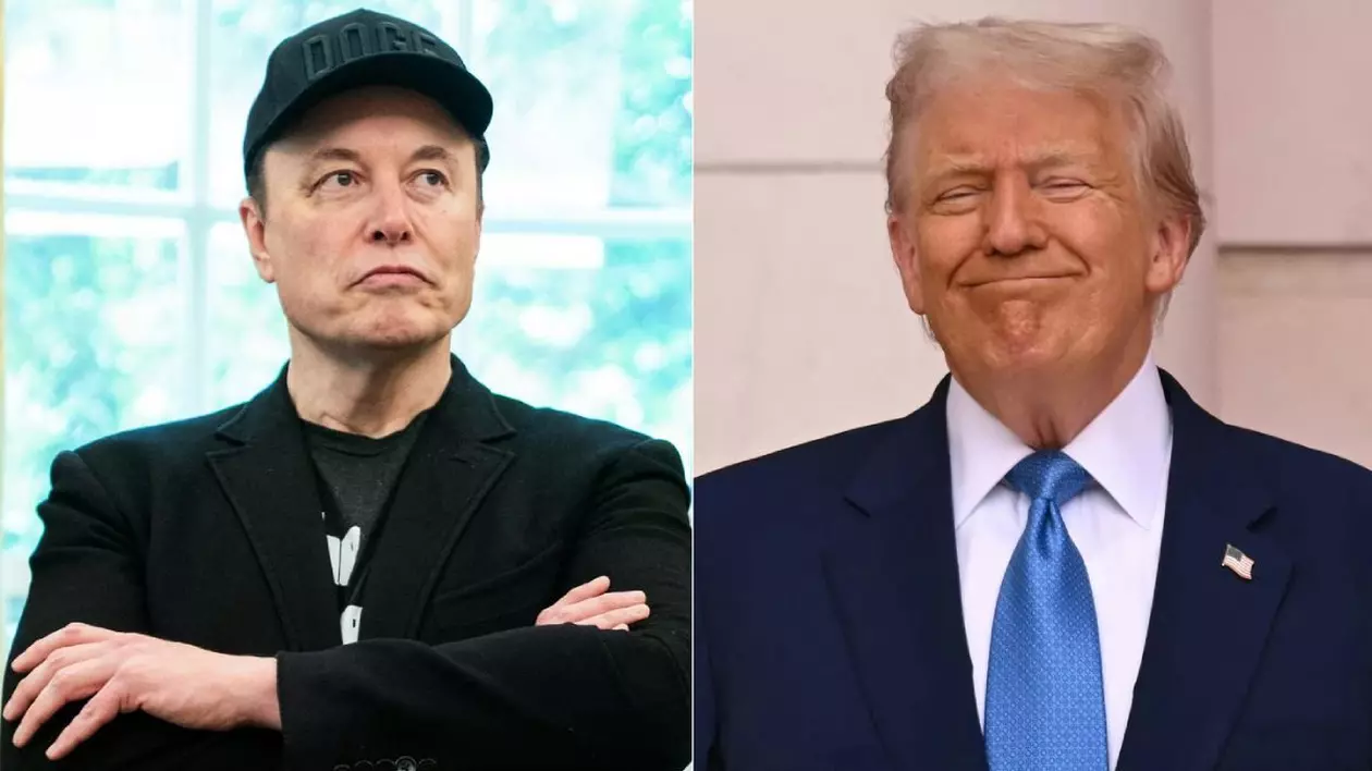 Colaj Elon Musk in stanga, cu sapca si mainile incrucișate la piept, si Donald Trump, in dreapta, rade