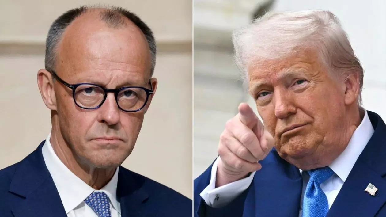 Colaj cu cancelarul german Friedrich Merz (stânga), serios, cu ochelari și cu președintele SUA.Donald Trump, serios, arata cu degetul aratator de la mana dreapta in fata