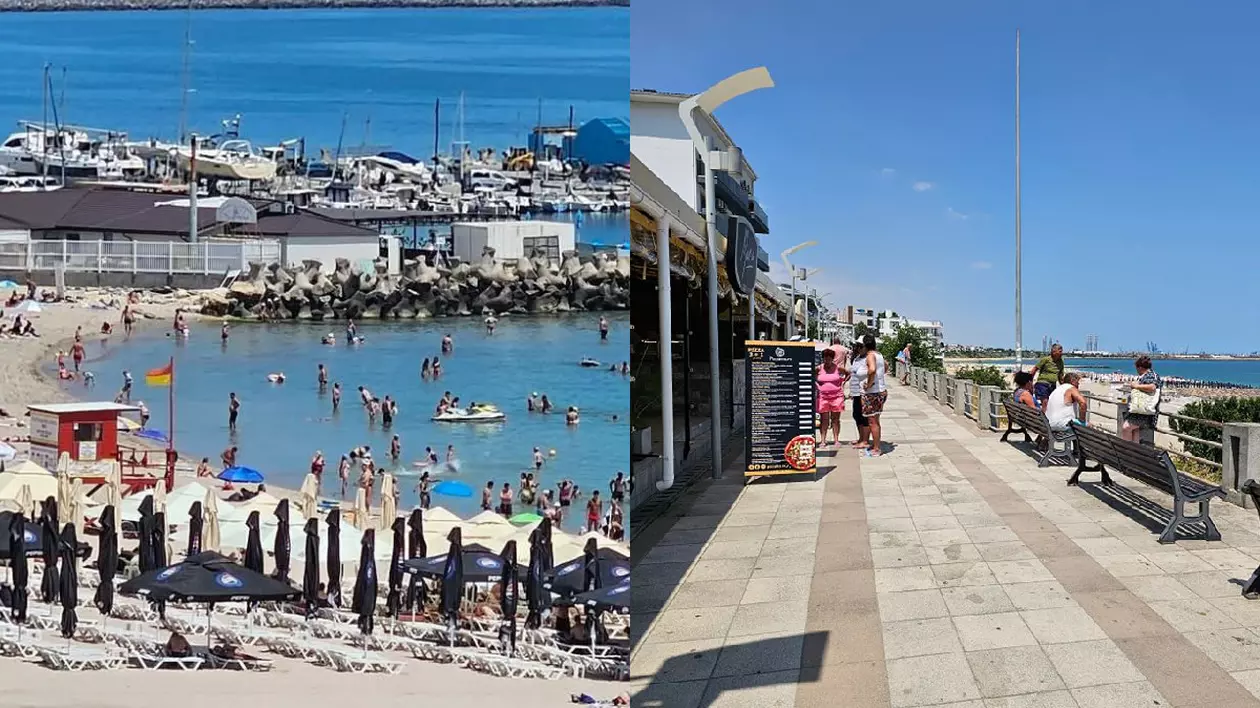 Plaja, turisti in apa, Eforie/ Faleza Eforie Nord, niste persoane consultă preturile unui restaurant, altele stau pe bancă