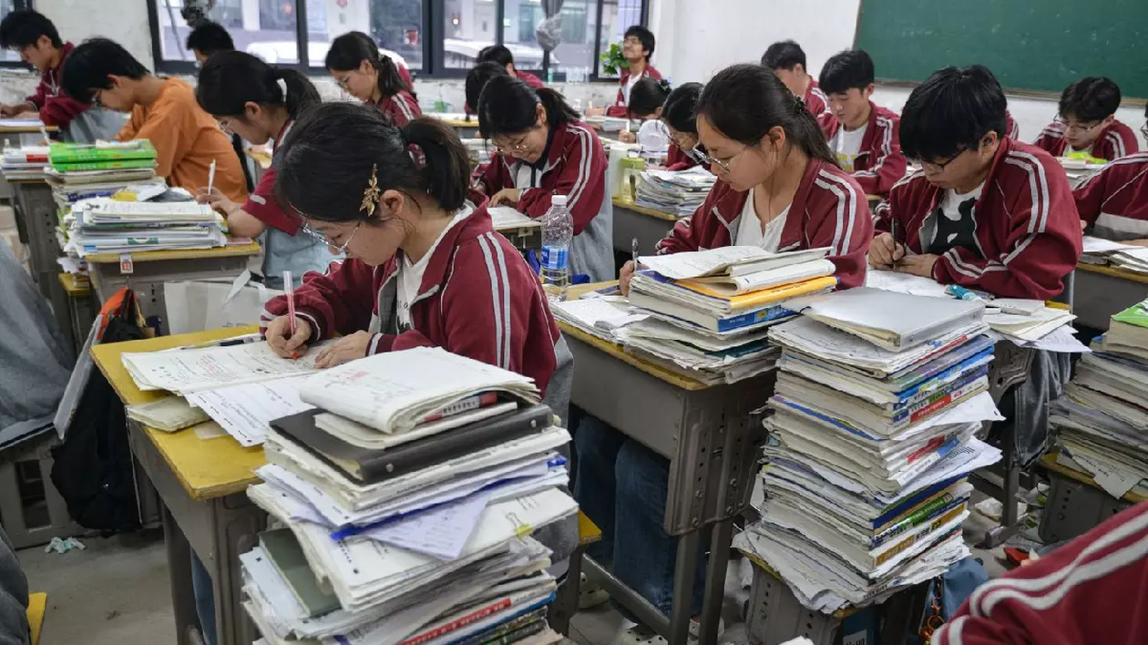 Elevii de liceu se pregătesc pentru National College Entrance Examination (NCEE), cunoscut sub numele de "gaokao", în Fuyang, în provincia Anhui din estul Chinei, pe 27 mai 2025.