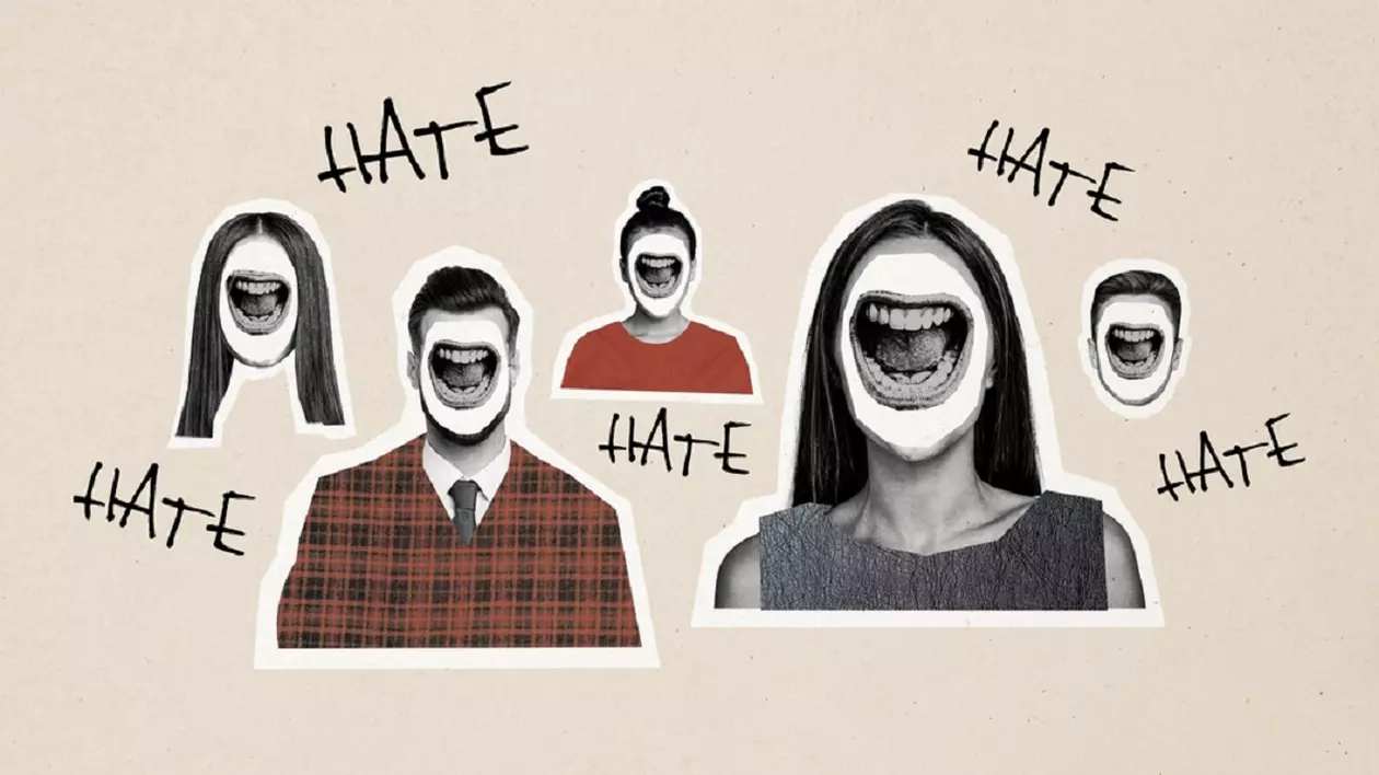 Ce înseamnă când visezi ură faţă de o persoană - Imagine reprezentând feţe umane pe care au fost suprapuse guri deschise alături de cuvintul hate scris de mai multe ori sugerând conceptul de ură profundă.