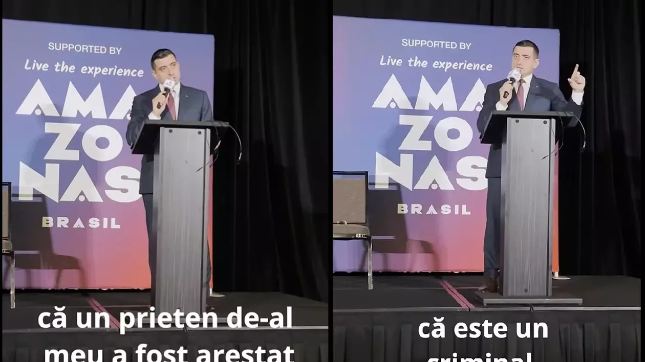 George Simion vorbeste de pe o scenă, din spatele unui pupitru, la o conferință din SUA