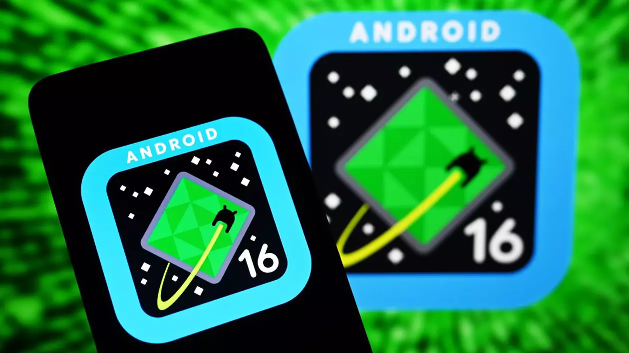 Logo-ul Google Andrioid 16 pe ecranul unui telefon și pe un fundal de culoare verde.