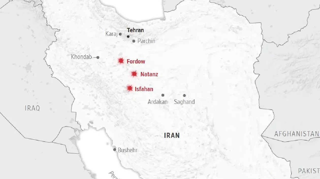 Harta cu cele trei locații lovite de avioanele Statelor Unite, în Iran
