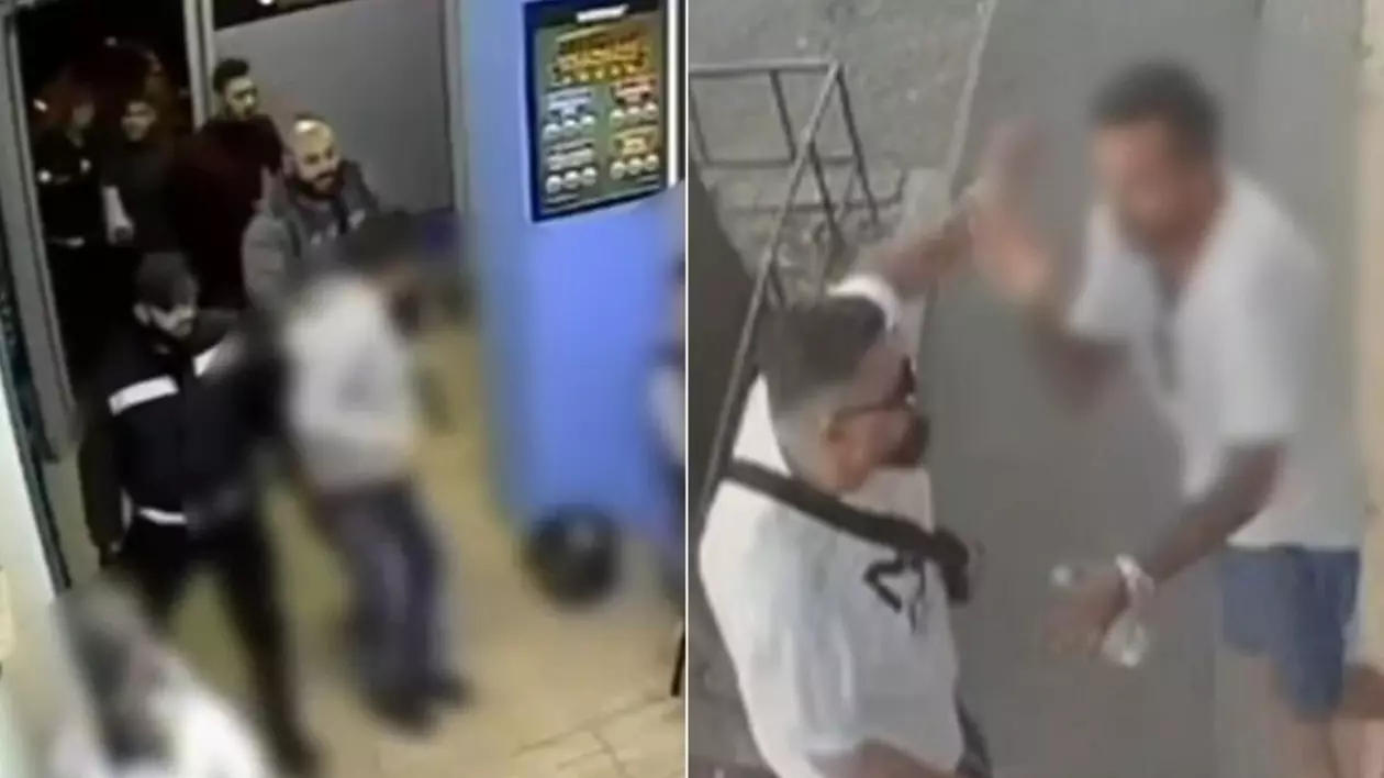 Colaj din două fotografii cu interlopii din București, filmați de camerele de supraveghere când îi lovesc pe oamenii care jucau la agenția de pariuri