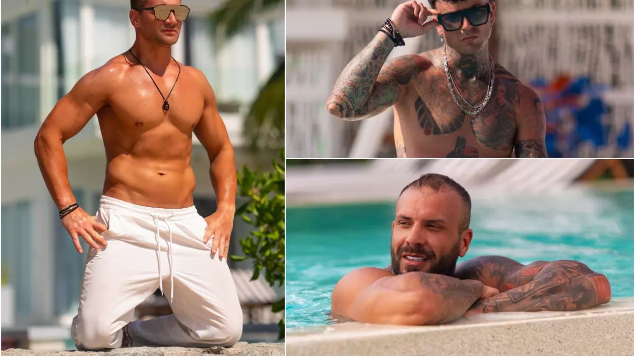 Trei dintre ispitele masculine de la Insula Iubirii 2025: Cătălin Brînză (stânga), George Ivănescu (dreapta sus) și Narcis Bujor (dreapta jos)