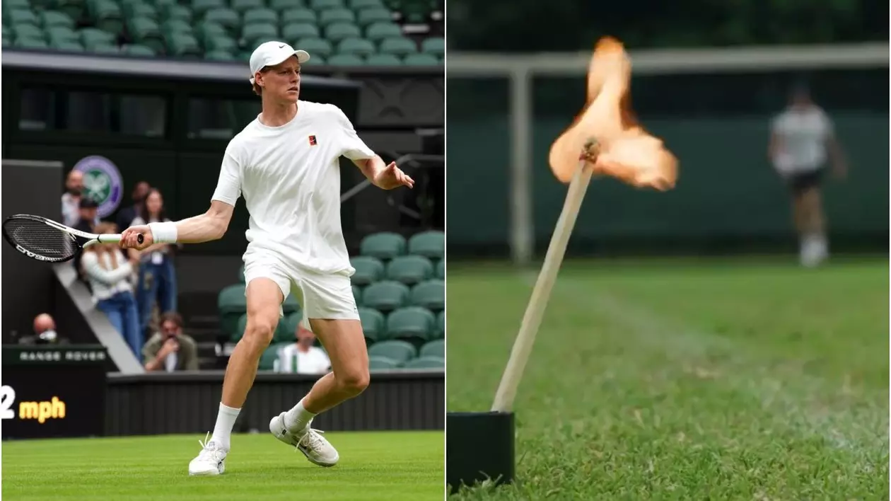 Colaj cu Janick Sinner, in stanga de surprins în timul unui antrenament la Wimbledon, in costum alb, șapcă si racheta in mana dreapta, in dreapta captura vudeo cu un chibrit aprins si suleta lui Sinner in fundal