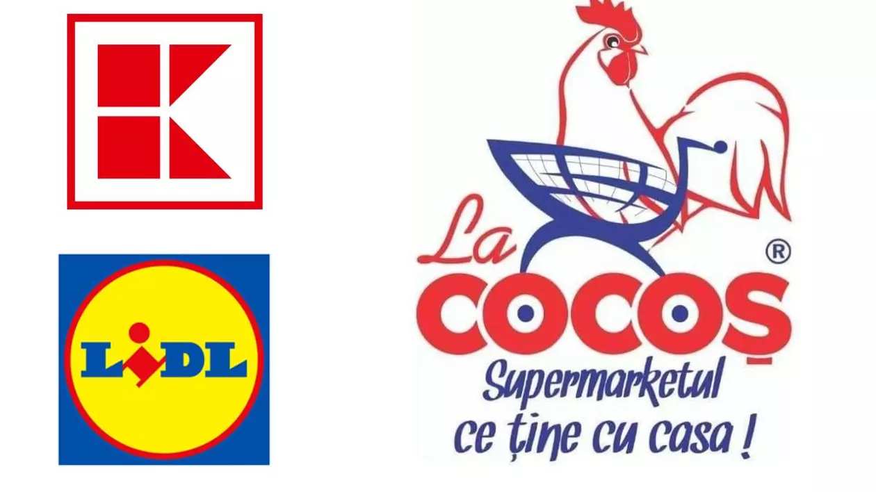 Colaj foto cu logo-urile Lidl, Kaufland și La Cocoș pe fundal alb