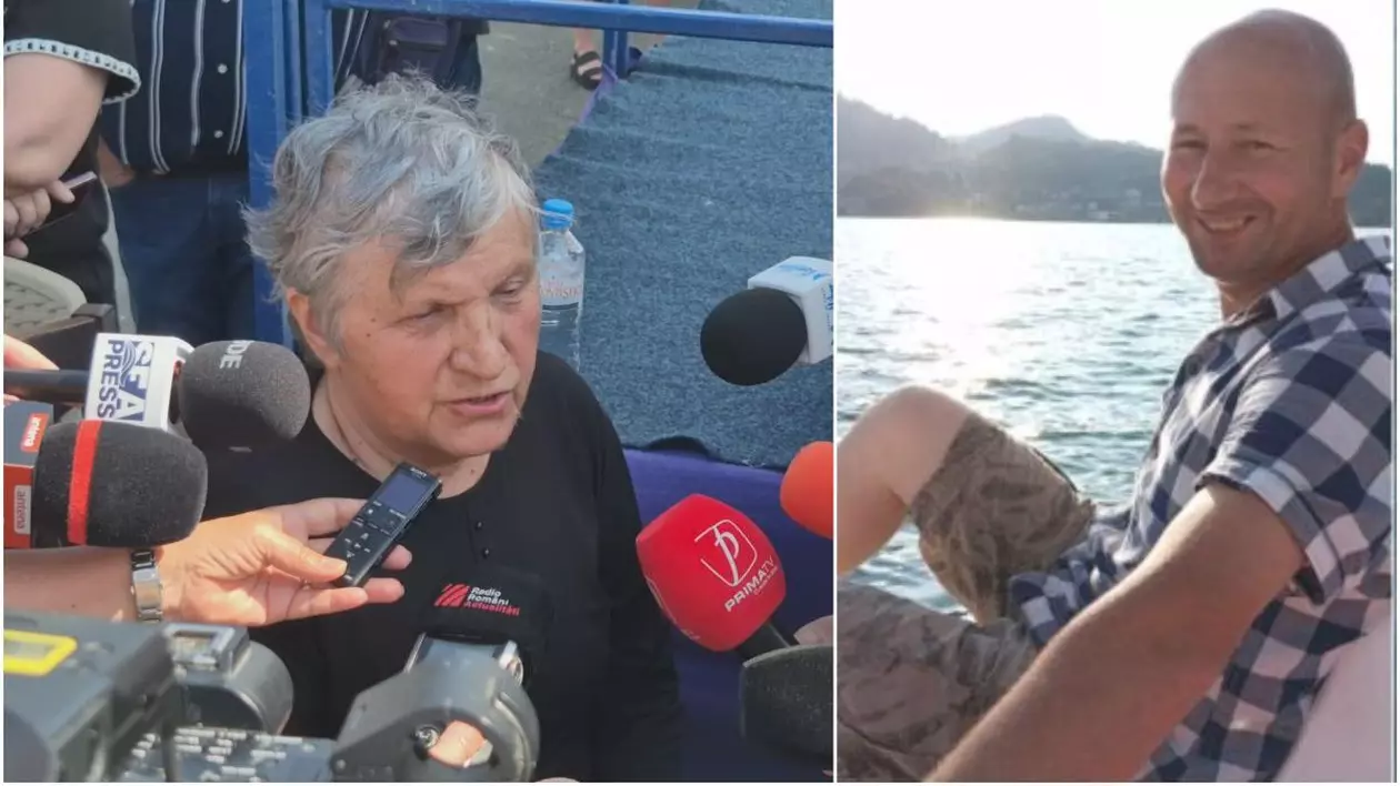 Un colaj foto, în care în stânga este mama marinarului român dispărut, îmbrăcată cu bluză neagră, vorbește cu presa care îi pune microfoanele în față, iar în dreapta este marinarul dispărut pe fregata „Regele Ferdinand”, îmbrăcat în cămașă în carouri cu mânecă scurtă, alb cu negru, și pantaloni scurți, pe apă