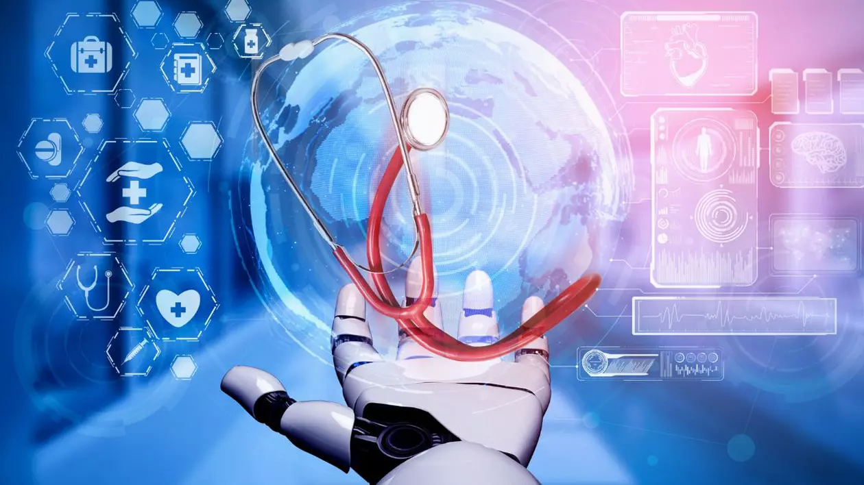 o mână robotică, de culoare albă cu detalii negre, care ține un stetoscop cu tub roșu. În fundal se vede un glob pământesc stilizat, albastru, cu efecte digitale și cercuri concentrice. pe partea stângă a imaginii sunt mai multe pictograme medicale, dispuse pe hexagoane transparente: o trusă medicală, o pastilă, două mâini care protejează o cruce medicală, o inimă cu o cruce, un stetoscop, o seringă. pe partea dreaptă apar ecrane digitale transparente cu imagini medicale: o inimă stilizată, un creier, o siluetă umană, grafice de tip EKG și alte date medicale