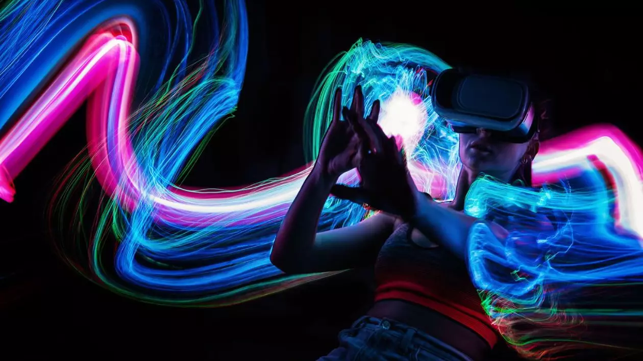 Avatar digital Metavers, Prezență Metavers, tehnologie digitală, lume cibernetică, realitate virtuală, stil de viață futurist. Femeie cu ochelari VR jucând AR