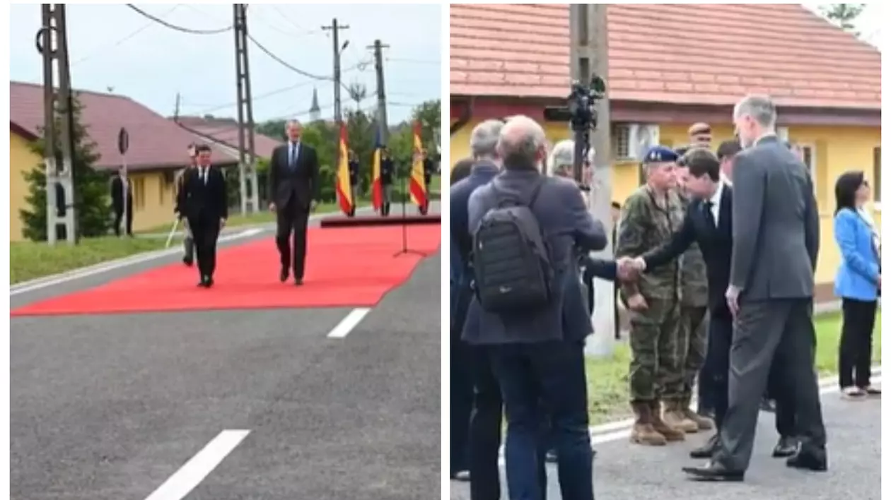 În prima imagine, Nicușor Dan și regele Spaniei merg pe un covor roșu. În cea de-a doua imagine, aceștia dau mâna cu oficialii și invitații.