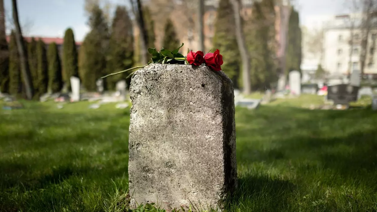 Piatra funerară veche, fără text, deasupra căreia este așezat un fir de trandafir roșu, într-un cimitir cu verdeață
