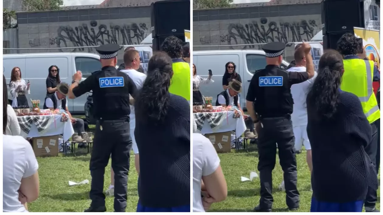 În imagine sunt ilustrați oameni care se află la o petrecere, printre care și un polițist care dansează