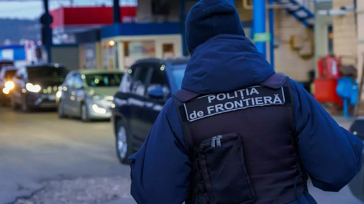 Un agent de la Poliția de Frontieră urmărește controlul în vamă și circulația autoturismelor.