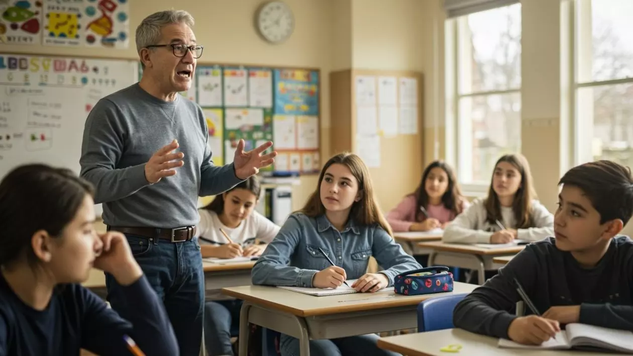 Profesor în vârstă, cu părul alb și ochelari care se află între levi, printre bănci