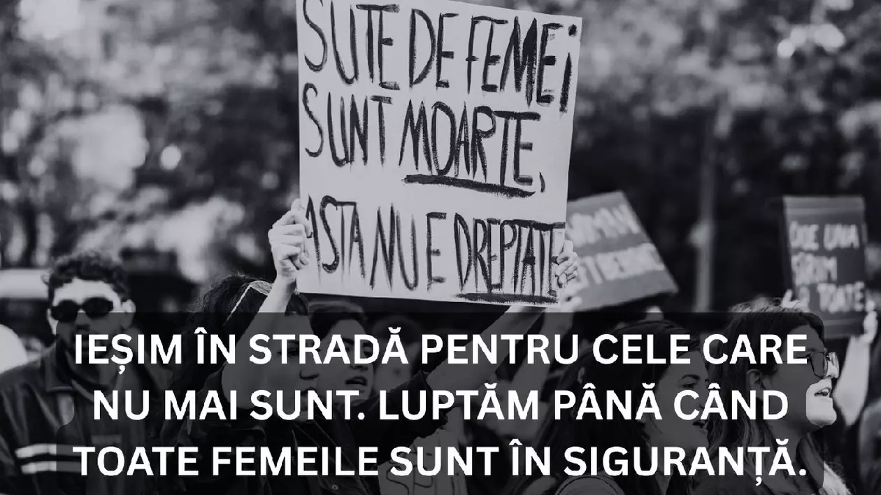 Fotografie alb negru care ilustrează mai multe femei care participa la un protest, o pancartă pe care scrie: „Sute de femei sunt Moarte, asta nu e Dreptate”, este vizibilă în primplan