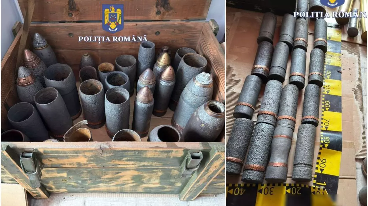 Proiectile perforante pentru obuz, tuburi de obuz de diverse tipuri, obuze și stabilizatoare de aruncător, găsite de Poliția Timiș în casa unui bărbat din Lugoj