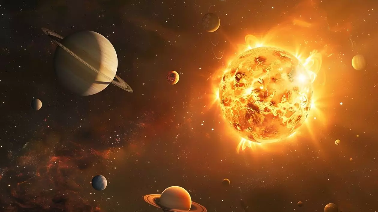 Soarele cu numeroase explozii solare si planetele sistemului solar