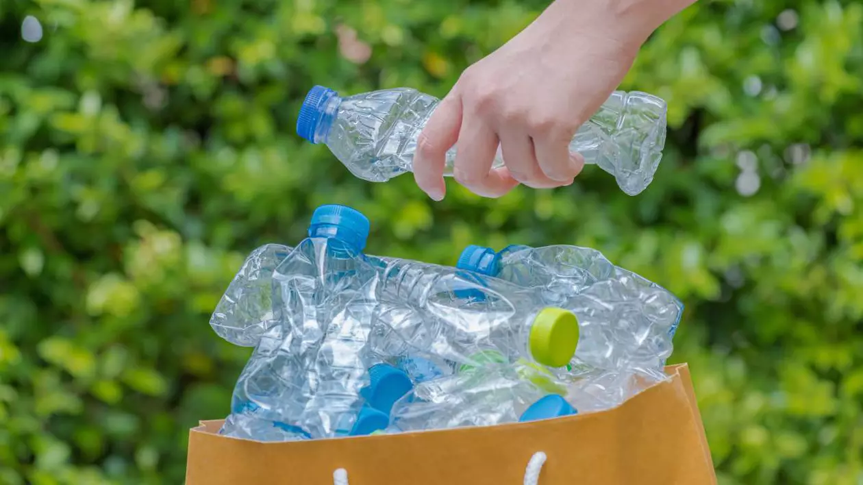 O plasă de hârtie în care sunt mai multe sticle de plastic de 0,5l pregătite pentru reciclat.