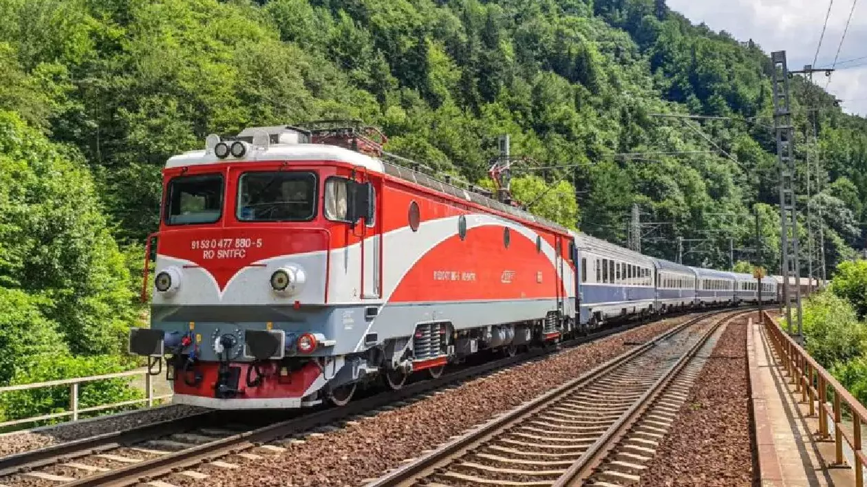 Un tren alb și roșu circulă pe lângă o pădure