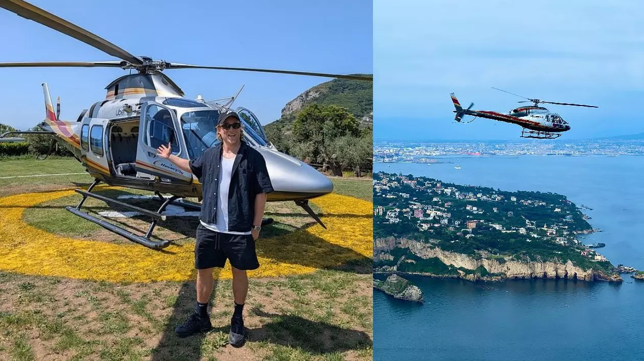 Un bărbat în fața unui elicopter/ Un elicopter în largul mării