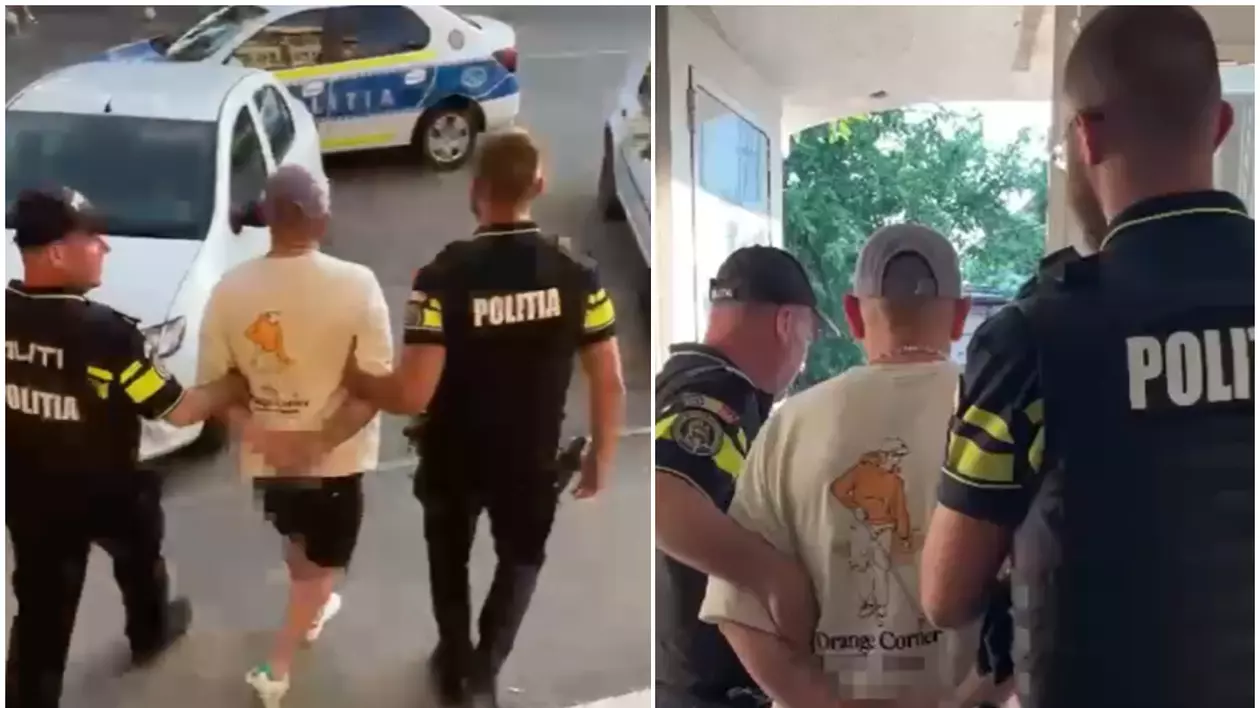 Un bărbat a fost reținut de polițiști și condus cu mâinile încătușate spre mașina de poliție