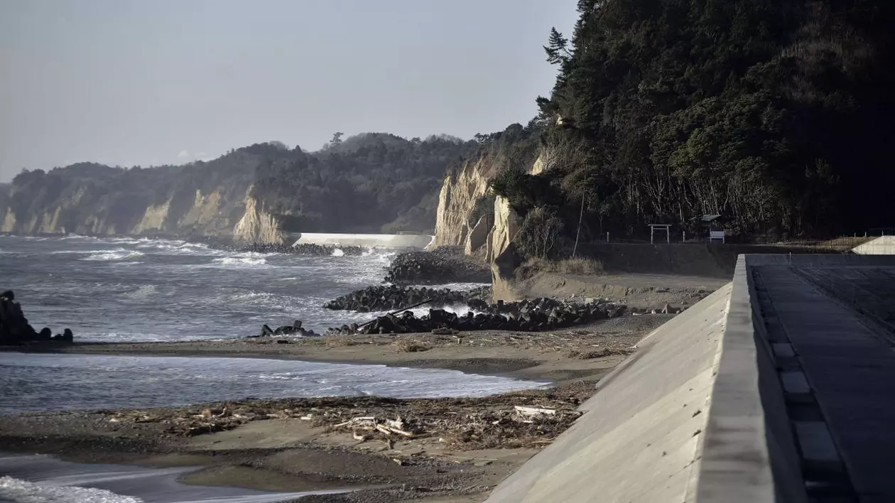 Dig de-a lungul coastei Pacificului, în orașul Hirono din prefectura Fukushima, nord-estul Japoniei, construit după dezastrul cutremurului-tsunami din 2011.