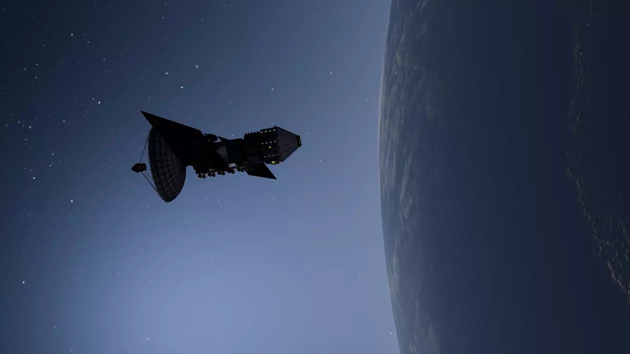 Imagine cu un satelit în spațiu, în apropierea Pământului