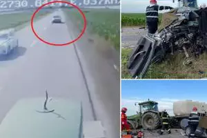 Mașina unui tânăr, filmată cum intră cu 160 km/oră într-un tractor, pe un drum din Vrancea. Accident cu doi morți la Măicănești