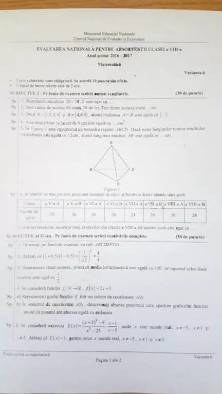 EVALUAREA NAŢIONALĂ 2017 MATEMATICĂ