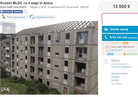 Un bloc întreg se vinde cu 13000 de euro în Anina