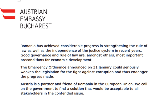Ambasada Austriei, despre Ordonanță: Ar putea slăbi serios legislaţia anticorupţie, cerem Guvernului să găsească o soluţie