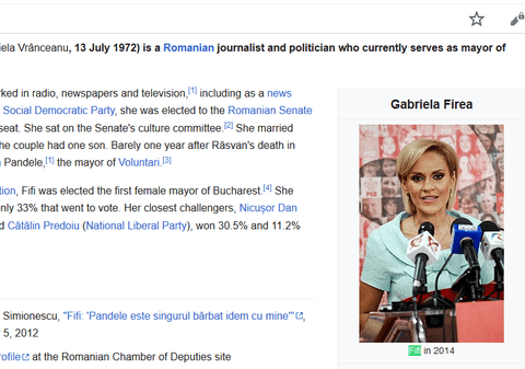 Gabriela Firea a apărut cu porecla "Fifi", pe pagina de Wikipedia în limba engleză (FOTO)