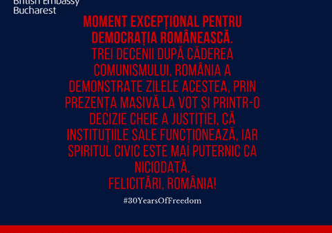 Mesaj al ambasadei britanice la București: Felicitări, România! Moment excepțional pentru democrația românească