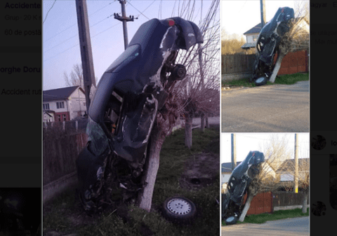 Accident incredibil în Olt: s-a „cocoțat” cu mașina în pom