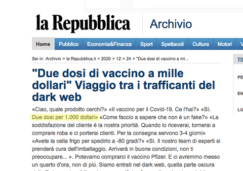 Anchetă La Repubblica: „Două doze de vaccin pentru 1.000 de dolari”. Călătorie în inima traficului de pe dark web