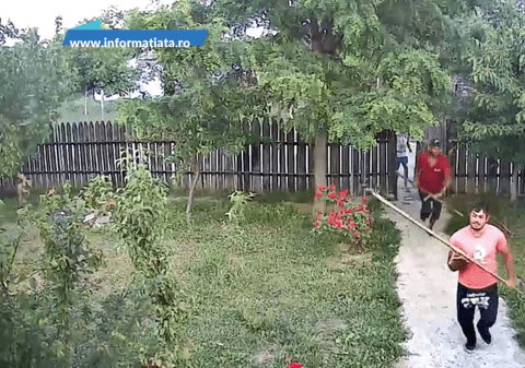 Momentul în care cinci bărbați înarmați cu topoare și bâte intră în curtea unei femei din Suceava și o amenință. Agresorii au fost reținuți